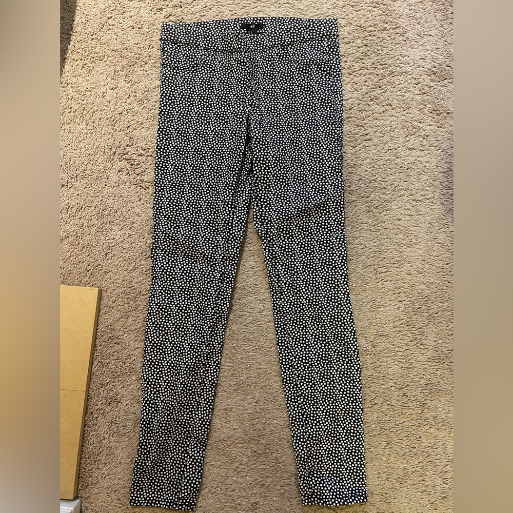 H&M Black Stretch Jeans Jeggings White Polka Dots Spots Size 8